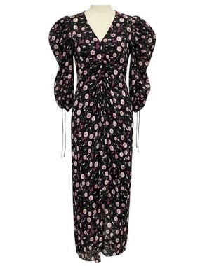 THE KOOPLES BLACK / PINK MULTI FLORAL PRINTED SILK MAXI DRESS